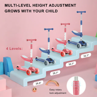 2-in-1 Kids Scooter with Foldable Seat & LED Wheels – 3-Wheel Adjustable (Pink)