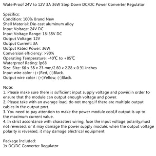 WaterProof 24V to 12V 3A 36W Step Down DC/DC Power Converter Regulator