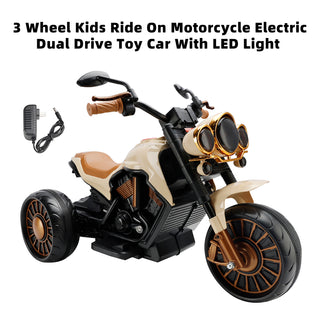3 Wheel Kids Ride On Motorcycle Electric Dual Drive Toy Car With LED Light Brown