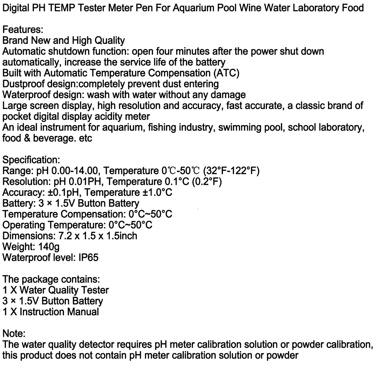 Digital PH TEMP Tester Meter Pen For Aquarium Pool Wine Water Laboratory Food