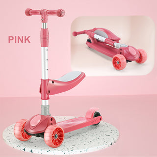 2-in-1 Kids Scooter Foldable Seat Light 3 Wheel Adjustable Folding Bar Pink