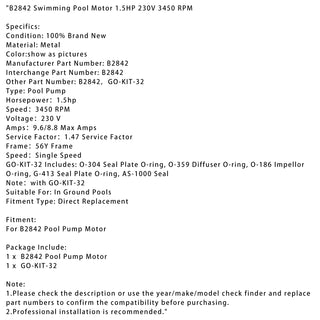 B2842 pool pump motor 1.5HP 230V 3450 RPM