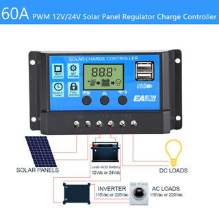 PWM Charge Dual USB Controller Solar Panel Battery Regulator LCD 60A 12V/24V