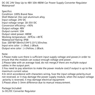 10A 480W Waterproof DC/DC Converter Power Supply Regulator 24V Step Up To 48V