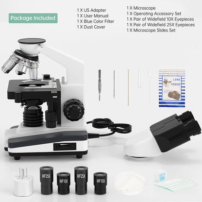 Advanced Binocular Microscope with 6 Magnification Settings – 40X-2500X, Widefield Eyepieces, and LED Lighting