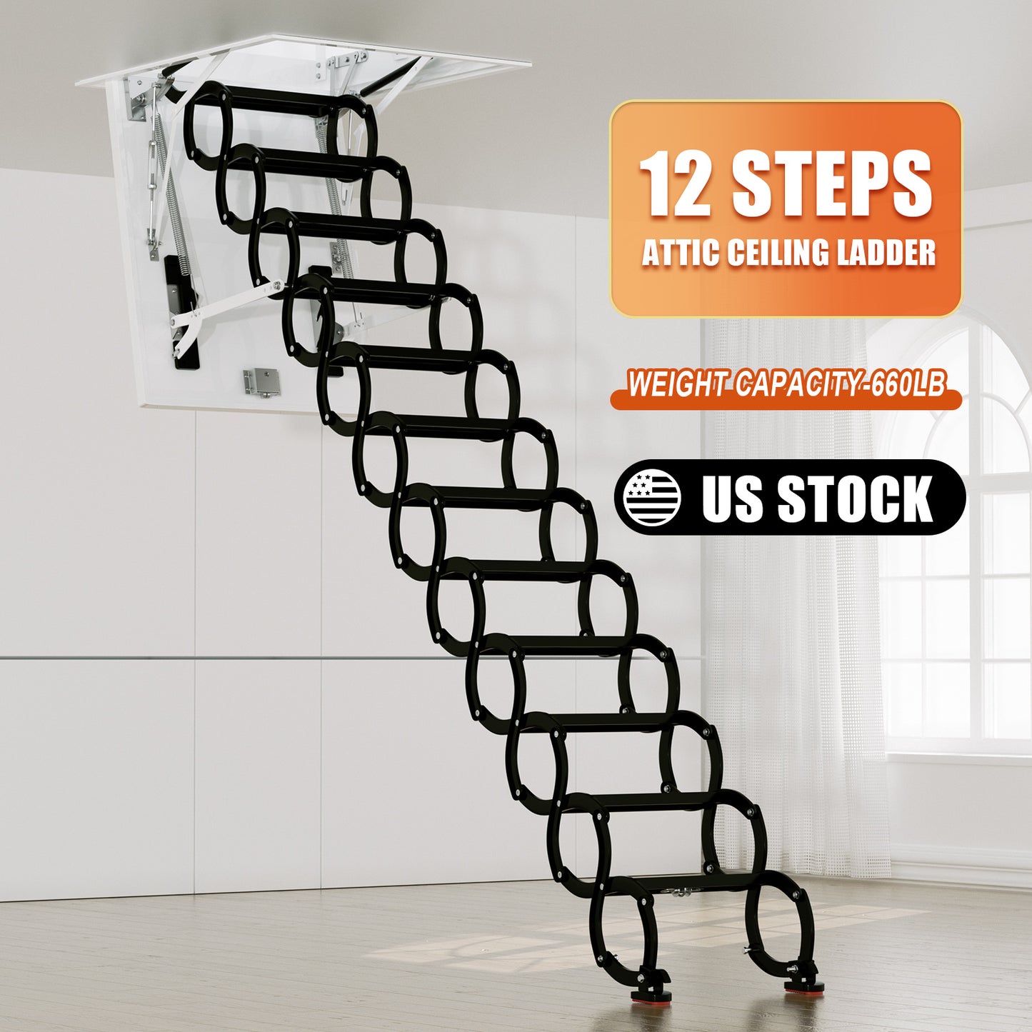 12 Steps Black Loft Wall Folding Pulldown Attic Ceiling Ladder Stairs 39.4*27.6"