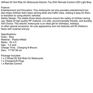 3Wheel 6V Kid Ride On Motorcycle Electric Toy With Remote Control LED Light Blue Toy