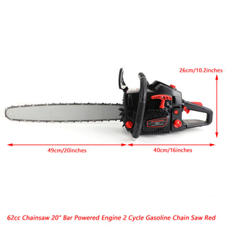 62cc Chainsaw 20" Bar Powered Engine 2 Cycle Gasoline Chain Saw Red