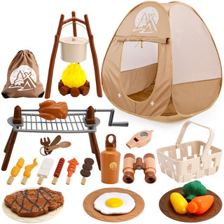 Binoculars Cooking Tools Kids Camping Set with Tent Indoor and Outdoor Gift for Boys Girls 34Pcs Camping Pretend Play Set with Light-Up Campfire Grill