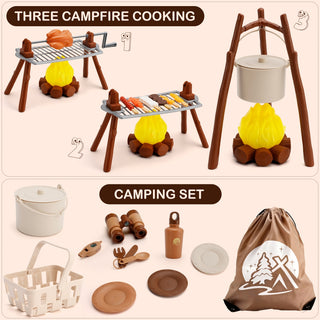 Binoculars Cooking Tools Kids Camping Set with Tent Indoor and Outdoor Gift for Boys Girls 34Pcs Camping Pretend Play Set with Light-Up Campfire Grill