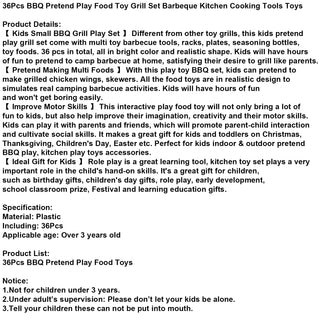 36Pcs BBQ Pretend Play Food Toy Grill Set Barbeque Kitchen Cooking Tools Toys