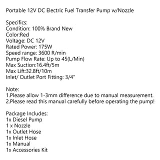 Electric Fuel Transfer Pump Diesel Kerosene Oil Commercial Auto 12V DC w/Nozzle