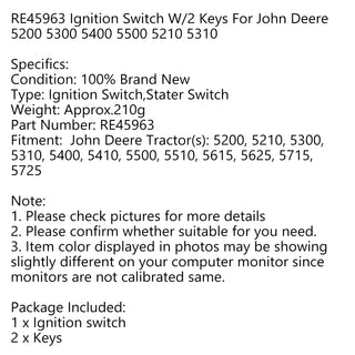 RE45963 Ignition Switch For John Deere Tractor 5200 5210 5300 5310 5400 5500