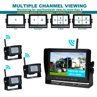 7" Wireless AHD 1080P Rear View Backup Camera Kit – 3-Channel Monitor for Truck, Trailer