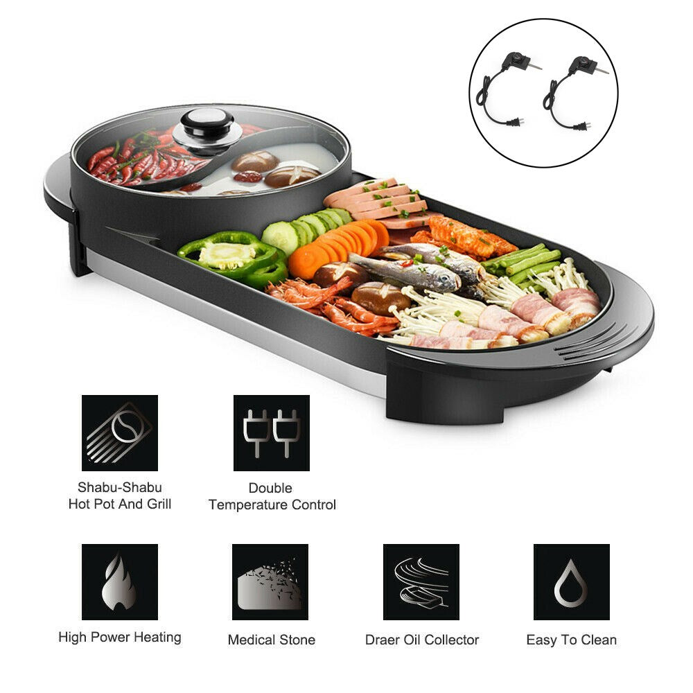 2 in 1 Portable Electric Hot Pot Barbecue Grill Non-Stick Teppanyaki Pan