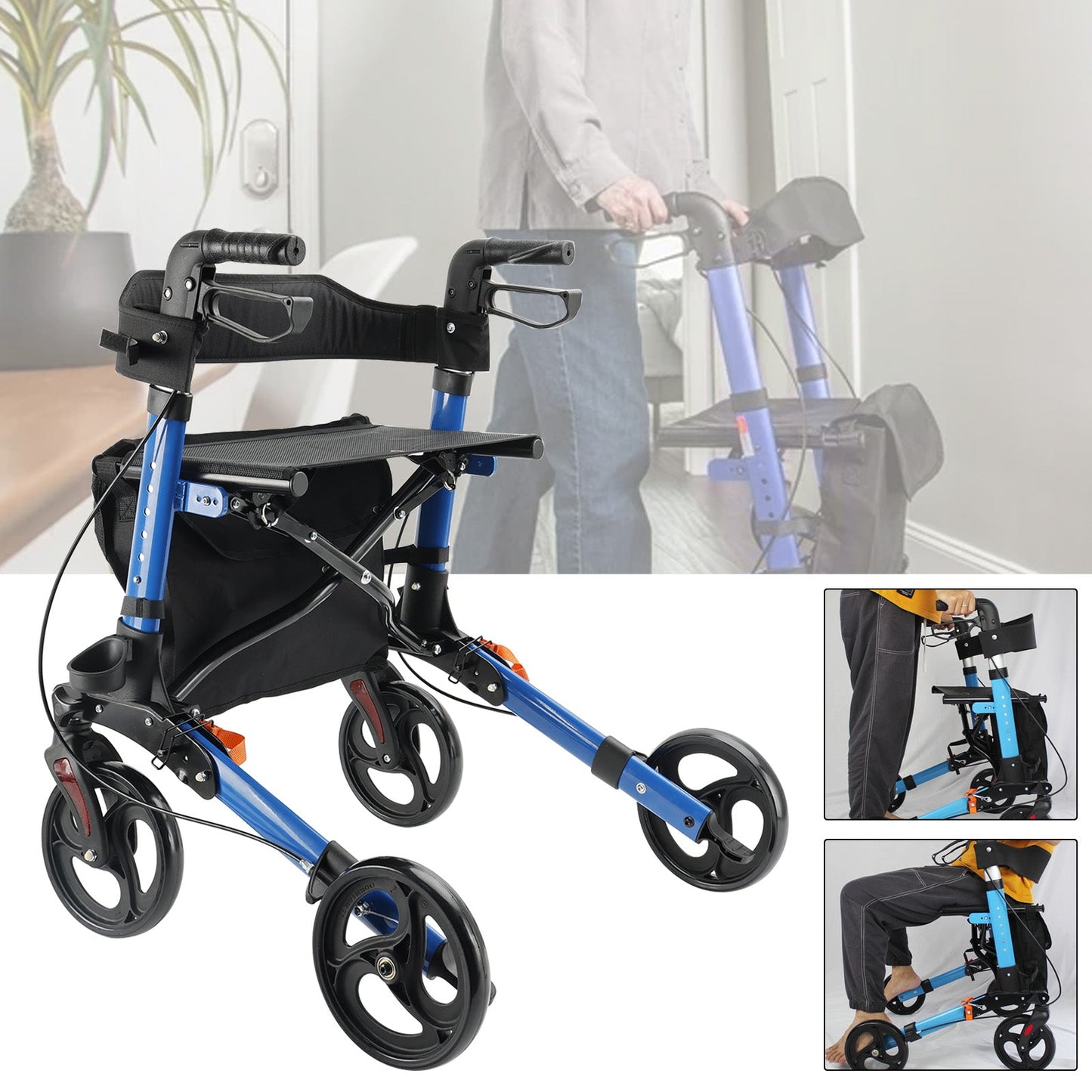 Foldable Rollator Walker with 6 levels of Adjustable Seat 8 Wheels Compact Folding Design Lightweight Mobility Walking Aid suitable for people of different heights