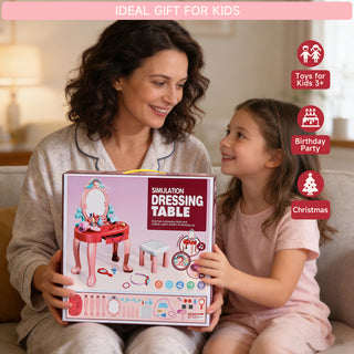 Toddler Makeup Table with Mirror and Chair Kids Vanity Set with Blowdryer for 3+