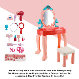 Toddler Makeup Table with Mirror and Chair Kids Vanity Set with Blowdryer for 3+