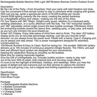 Rechargeable Bubble Machine With Light 360°Rotation Remote Control Outdoor Event
