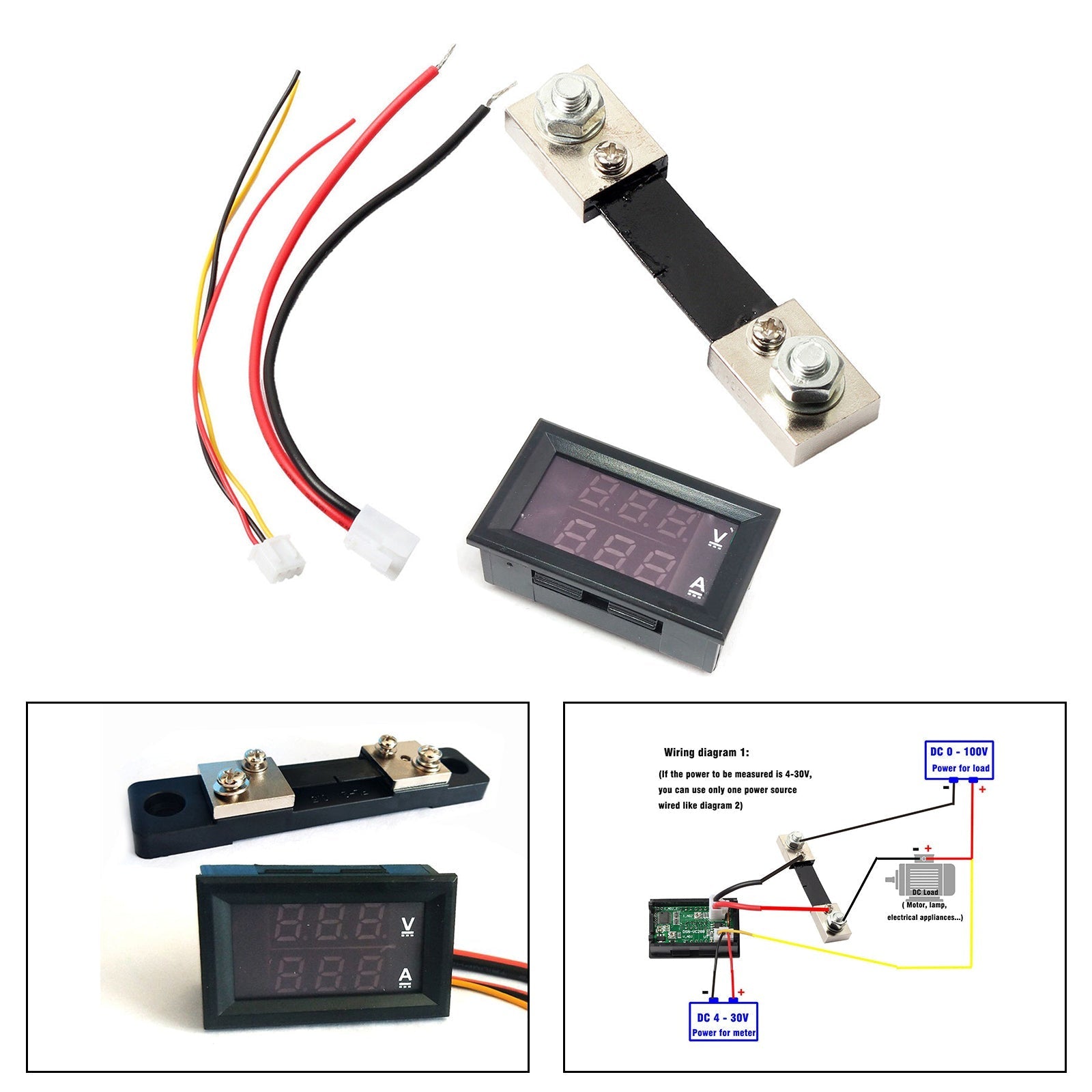 DC 100A 100V Digital Amp Volt Meter Voltmeter Ammeter Blue Red LED Current Shunt