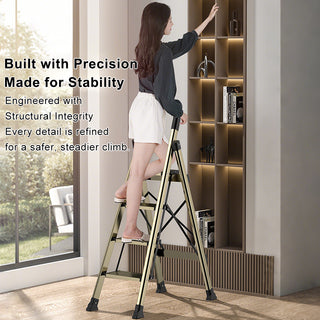 330lb Capacity Portable Folding Step Stool with Anti-Slip Sturdy and Wide Pedal Gold Multi-Use Aluminum Stepladder for Home Kitchen Office 4 Step Ladder