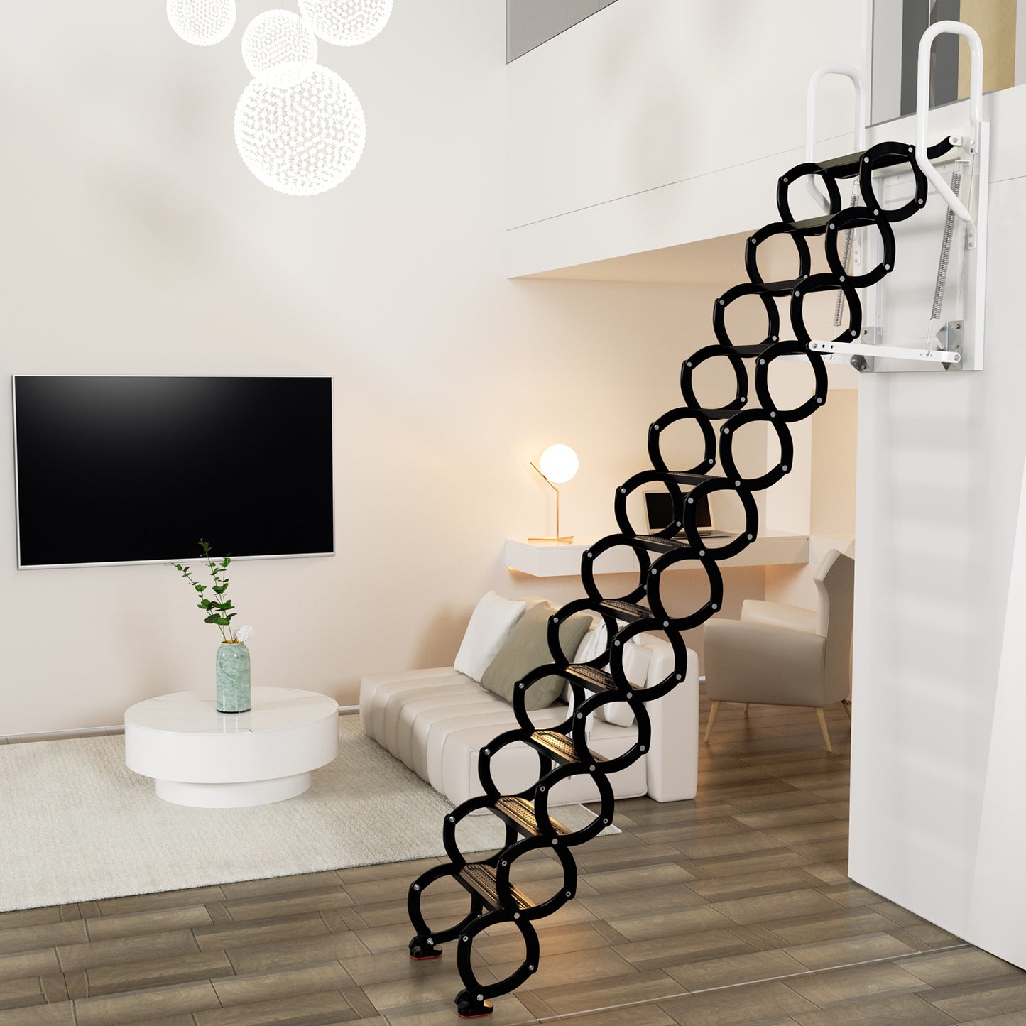 9.8ft Black Wall Mounted Folding Loft Ladder Stairs Attic Ladder Home Pulldown Wall Mounted Folding Ladder Black Loft Attic Stairs Pull down 12 Steps