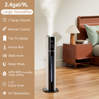2.4gal/9L Bedroom Silent Humidifier Suitable for Large Room, 3-Speed Ultrasonic Cool Mist Humidifier, Purification and filtration function, Built-in UV lamp