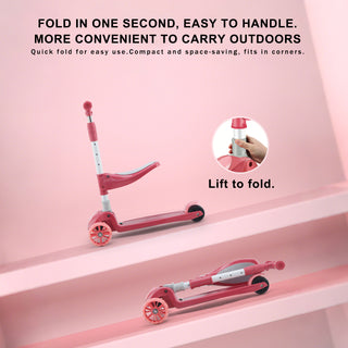 Foldable 3-Wheel Kids Scooter with Seat & Lights – Adjustable Handlebar (Pink)