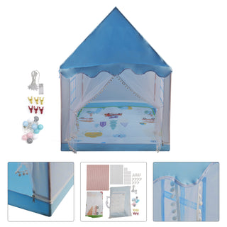 Assembly Tent with Metal Frame Portable Children’s Playhouse with Carry Bag Blue Mesh Window Optional Star Lights & Mat Kids Indoor Play Tent for Boys & Girls
