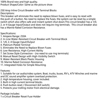 250A Amp Manual Reset Inline Circuit Breaker Fuse Terminal Block Marine Auto