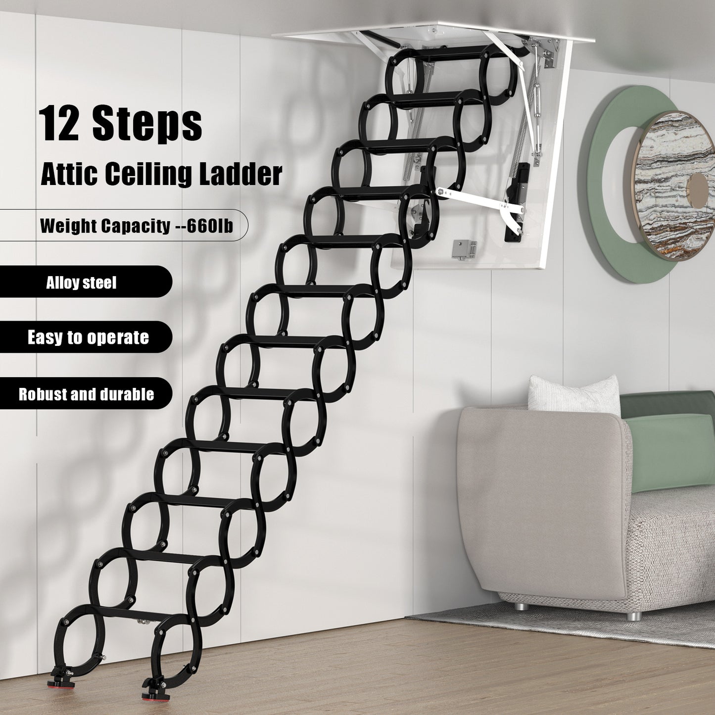 12 Steps Black Loft Wall Folding Pulldown Attic Ceiling Ladder Stairs 39.4*27.6"