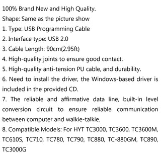 USB Programming Cable RPC-TC3K For HYT TC3000 TC3600 TC610S TC780 TC880 Radio