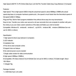 High Speed USB Pc to Pc Online Share Sync Link Net Direct Data File Transfer