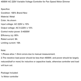 4000W AC 220V Variable Voltage Controller for Fan Speed Motor Dimmer