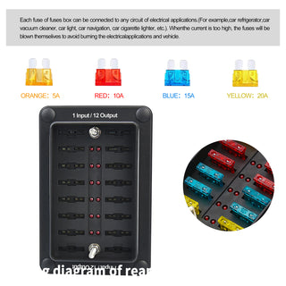 One in Twelve out Blade Fuse Box Block Holder for Car Marine Boat RV Waterproof