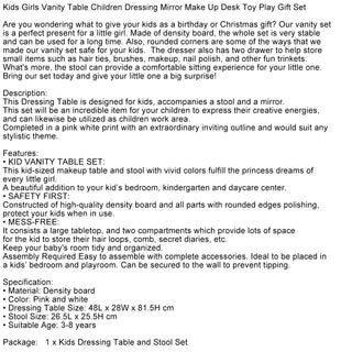 Kid Vanity Table Stool Set  Dressing Mirror Pink/White