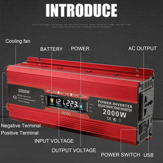 Car Power Converter Inverter DC 12V To AC 220V LCD 2000W  Charger LED Display