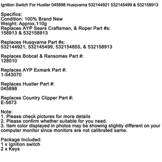 Ignition Switch For Hustler 045898 Husqvarna 532144921 532145499 & 532158913