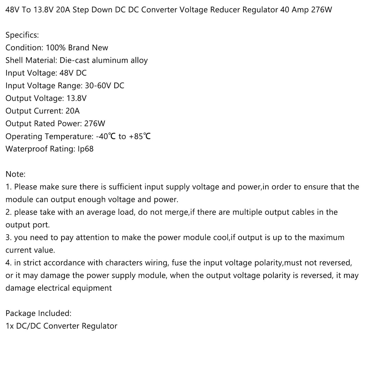 WaterProof 48V to 13.8V 20A 276W Step Down DC/DC Power Converter Regulator Generic