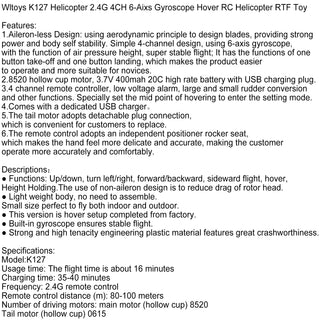 Wltoys K127 Helicopter 2.4G 4CH 6-Aixs Gyroscope Hover RC Helicopter RTF Toy