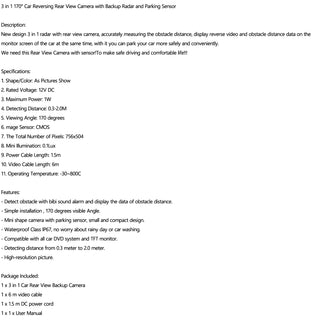 3in1 170° Car Reverse Rear View Camera with Backup Radar Parking Sensor