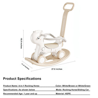 Push Rod 80 lbs Weight Capacity with Sound Brown Guardrails & 4 Smooth Wheels HDPE Material 4-in-1 Baby Rocking Horse for Toddlers 1-3 Years – Ride-On Toy with Detachable Balance Board
