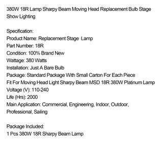 380W 18R Sharpy Beam Lamp Bulb Fit for Moving Head Light Beam Stage Light