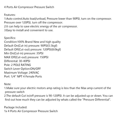 Pressure Switch Control Valve Air Compressor 90-120Psi 4 Port Heavy Duty 26 Amp