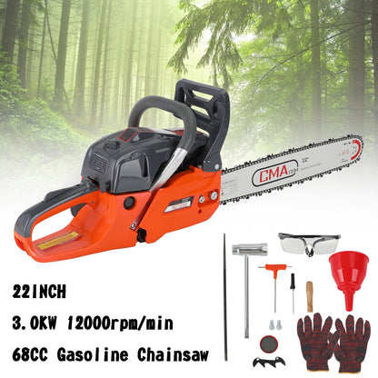 22 inches 68CC Gasoline Chainsaw Cutting Wood Gas Sawing Aluminum Crankcase Chain Saw