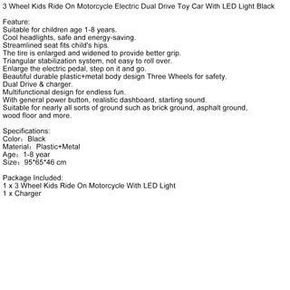 3 Wheel Kids Ride On Motorcycle Electric Dual Drive Toy Car With LED Light Black