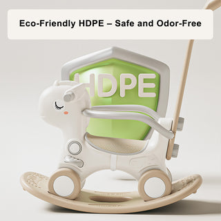 Push Rod 80 lbs Weight Capacity with Sound Green HDPE Material 4-in-1 Baby Rocking Horse for Toddlers 1-3 Years – Ride-On Toy with Detachable Balance Board Guardrails & 4 Smooth Wheels