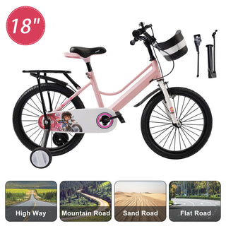 18" Kids Bike for Boys and Girls with auxiliary wheels & Rack Pink