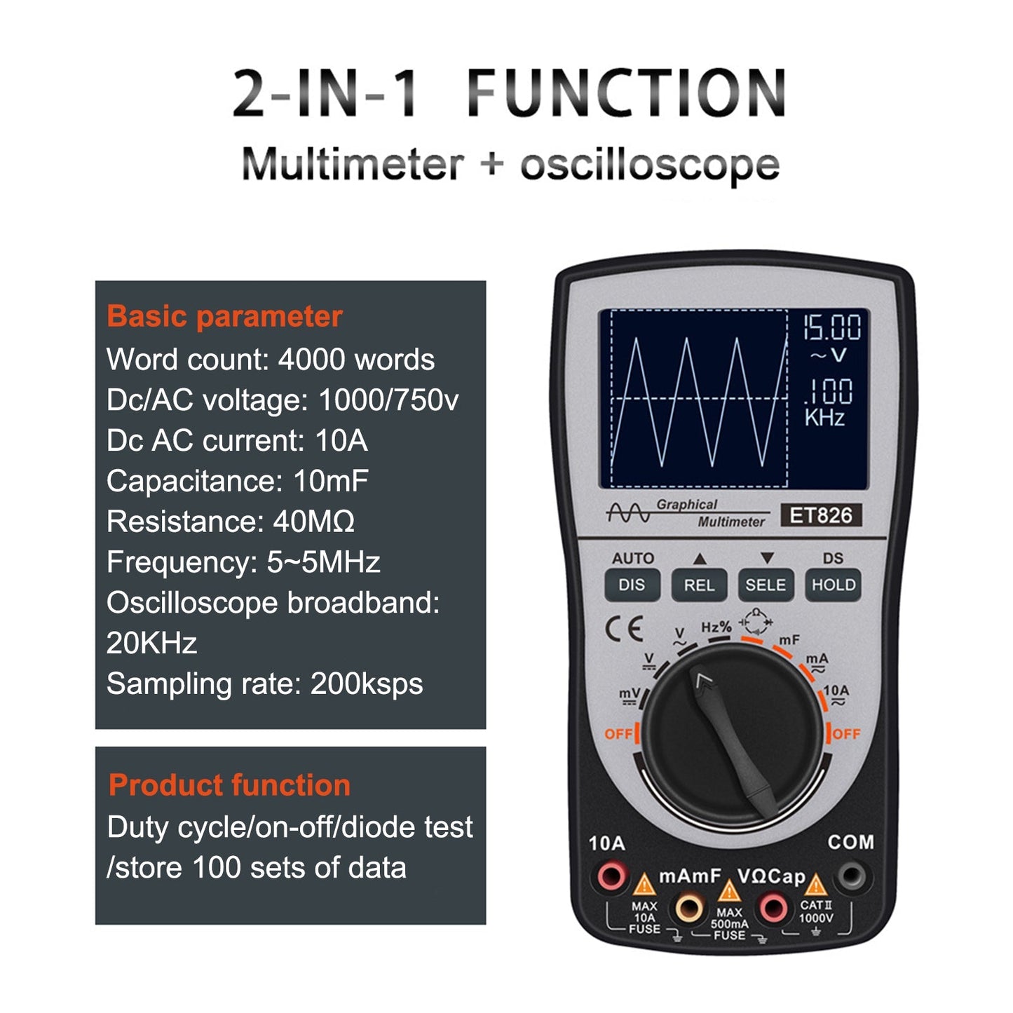 ET826 2 In 1 Digital Intelligent Oscilloscope Multimeter AC/DC Current Voltage Generic