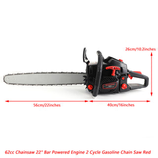 22" Bar 62cc Chainsaw Powered Engine Gasoline Chain Saw Red & Black